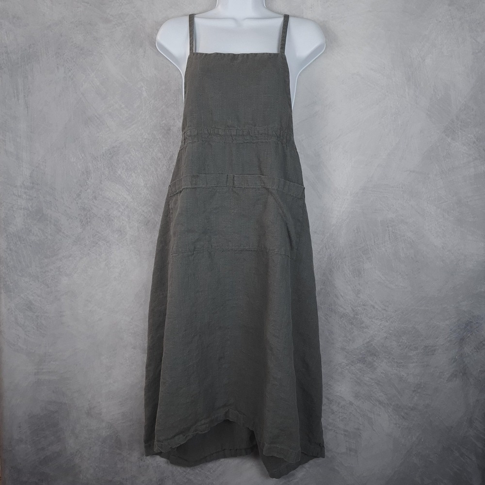 Women's Midi Linen Square-Neck Dress in Olive Gray